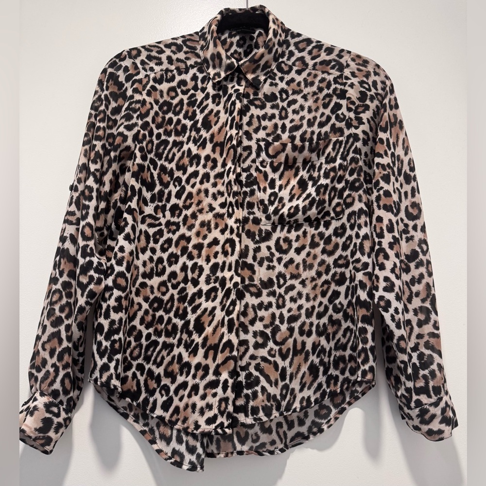 H&M Leopard Print Button Front Blouse High Low Hem Size 4
